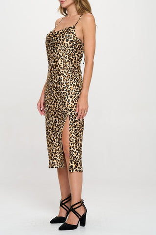 Leopard Print Satin Slip Dress w Slit