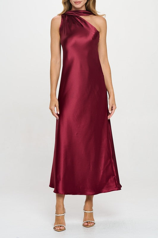 One Shoulder Satin Maxi Dress w Scarf