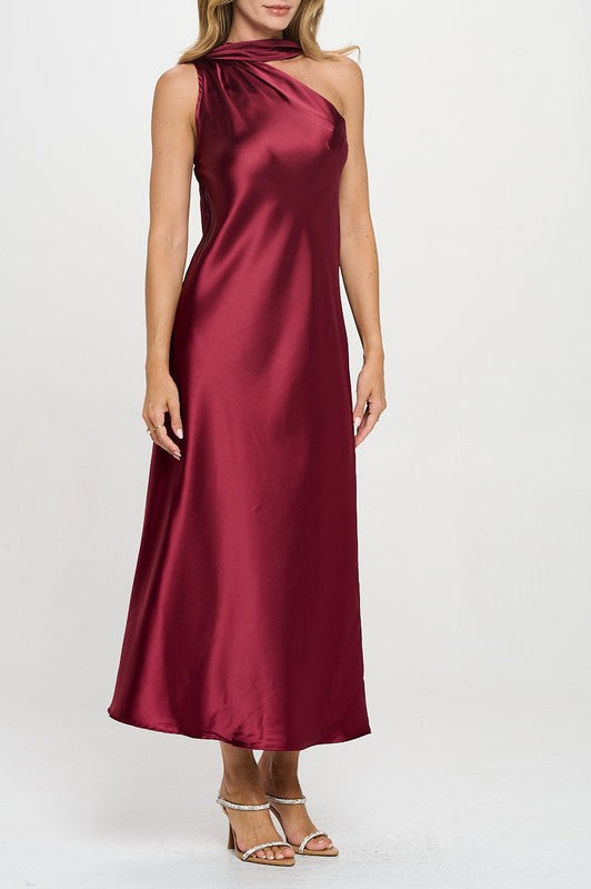 One Shoulder Satin Maxi Dress w Scarf