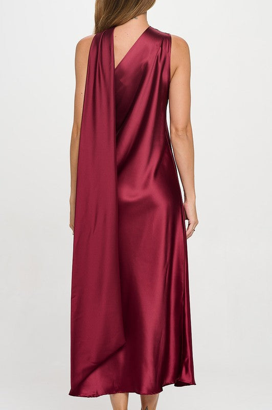 One Shoulder Satin Maxi Dress w Scarf