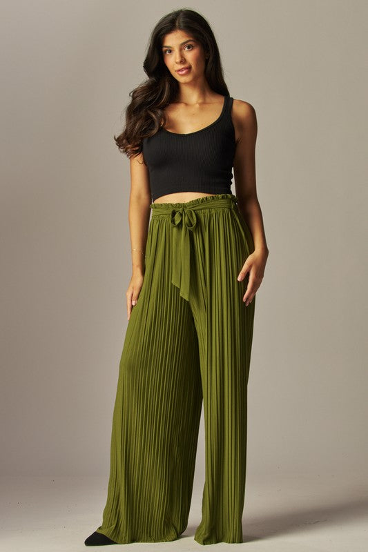 Pleated Paper bag Self Tie Wide Leg Pants