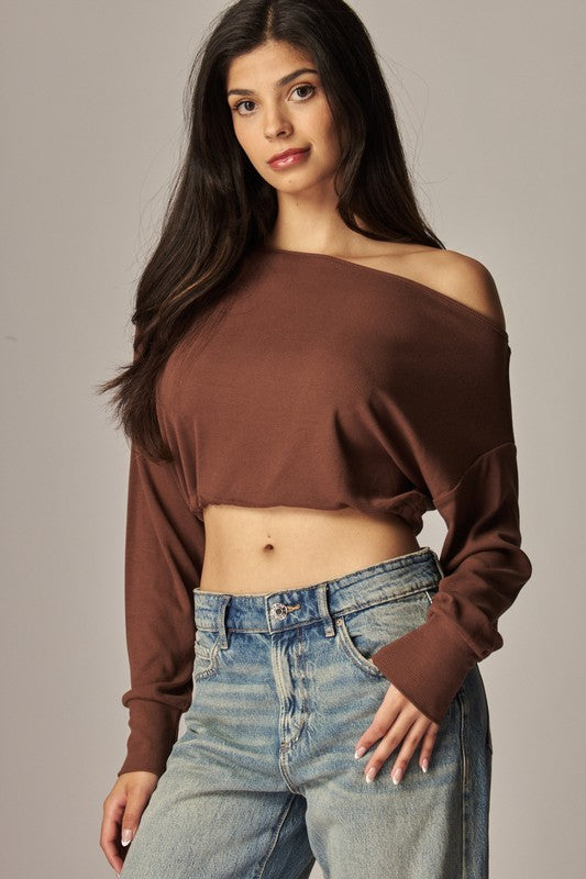 Soft Ribbed Knit Off Shoulder Long Sleeve Top