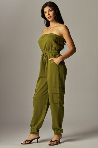 Long Cargo Drawstring Jogger Jumpsuit