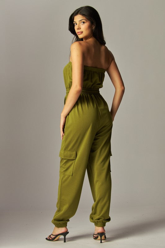 Long Cargo Drawstring Jogger Jumpsuit