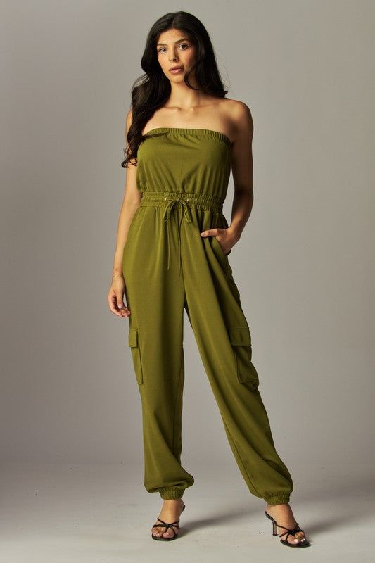 Long Cargo Drawstring Jogger Jumpsuit