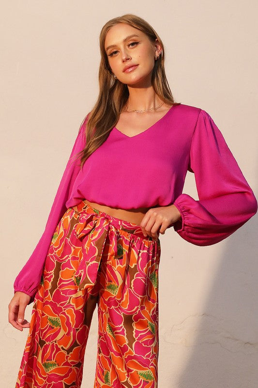 Washed Poly Silk Long Sleeve Crop Top