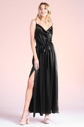 Shiny Hammered Satin Cowl Neck Maxi Dress