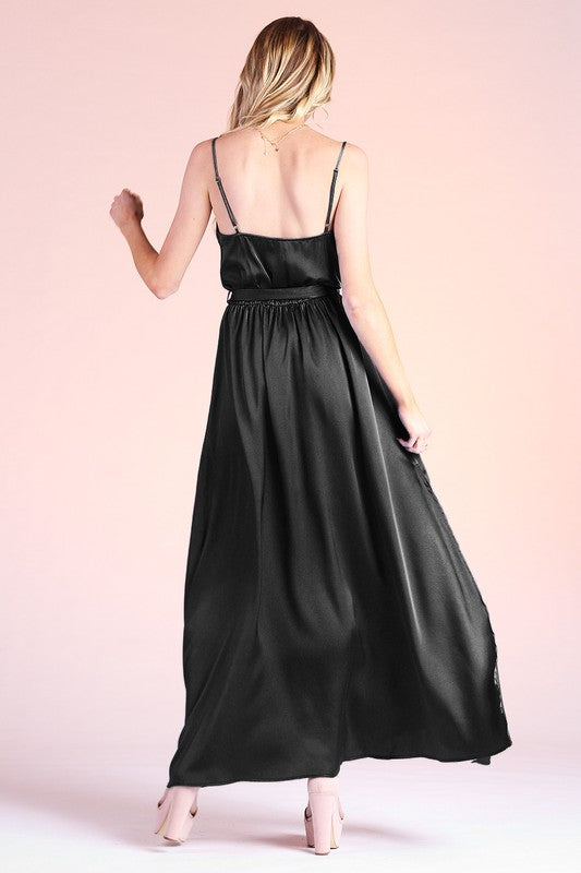 Shiny Hammered Satin Cowl Neck Maxi Dress