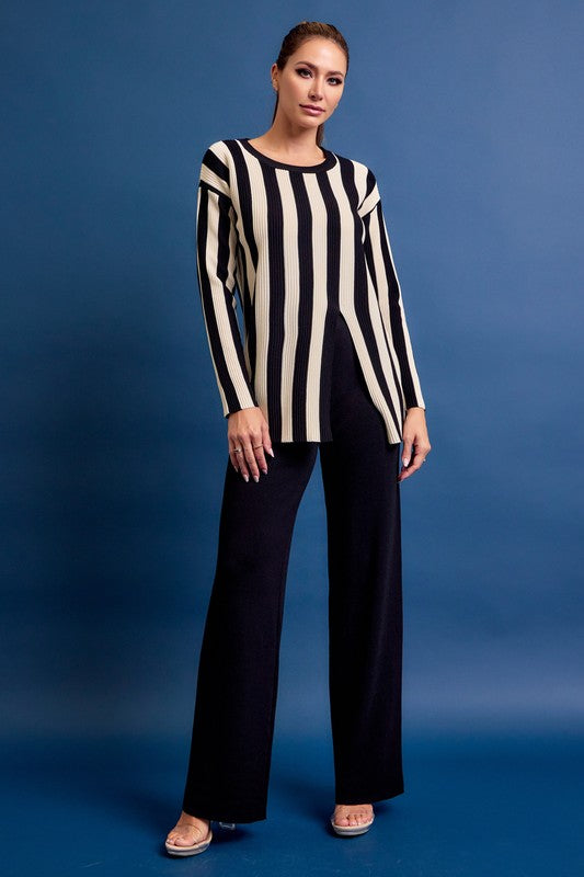 Knit Stripe Long Sleeve Top And Solid Pants Set