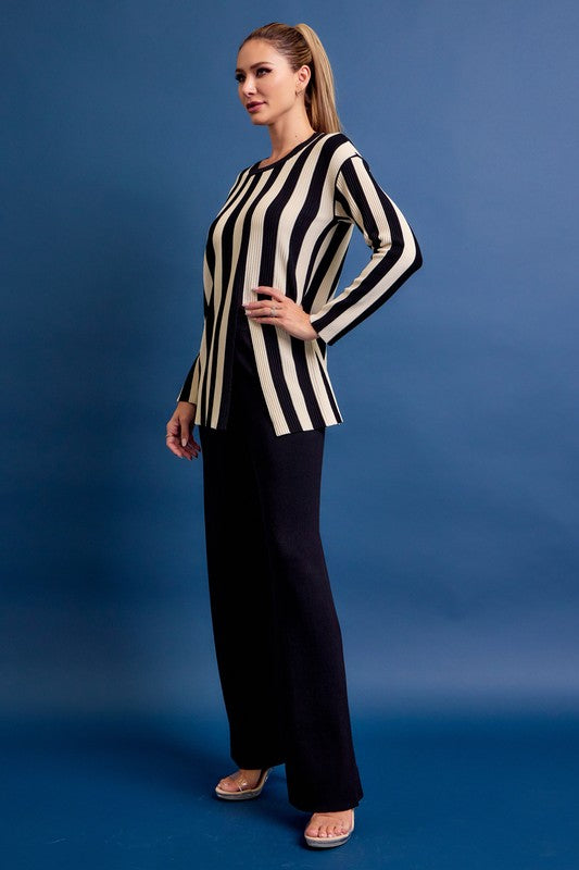 Knit Stripe Long Sleeve Top And Solid Pants Set