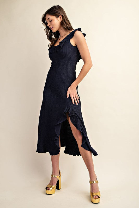 Textured Midi Dress with Ruffled Slit