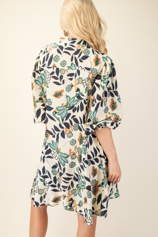 Floral Printed 3/4 Sleeve Shirt Dress