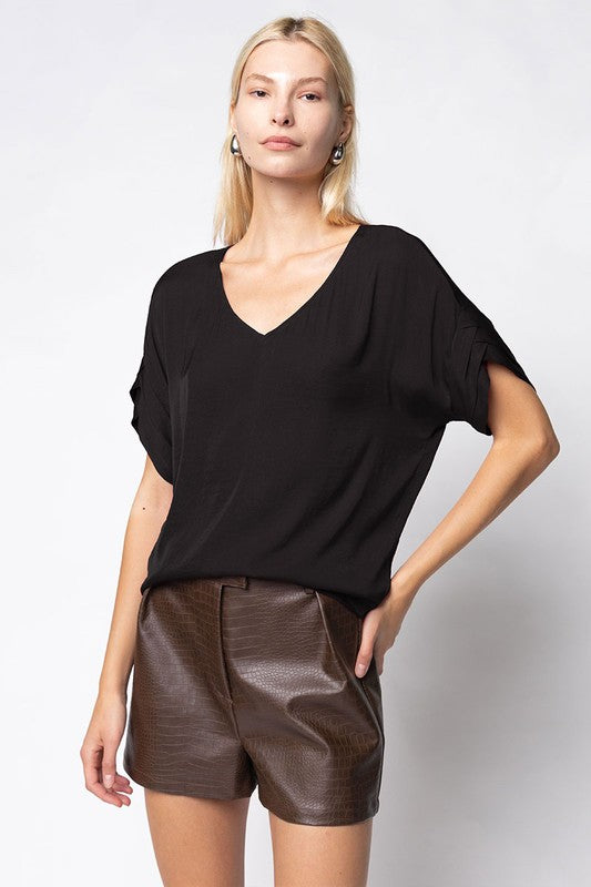 Neckline Satin Top With Self Bands Sleeves Detail