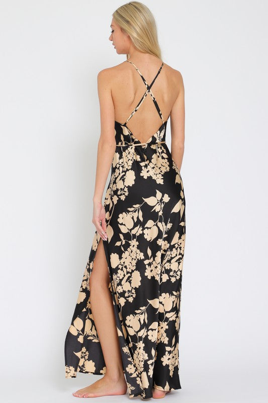 V-NECK THIN ADJUSTABLE STRAP BELTED MAXI DRESS