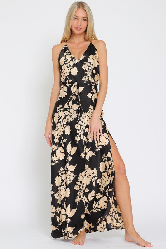 V-NECK THIN ADJUSTABLE STRAP BELTED MAXI DRESS