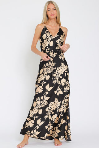 V-NECK THIN ADJUSTABLE STRAP BELTED MAXI DRESS