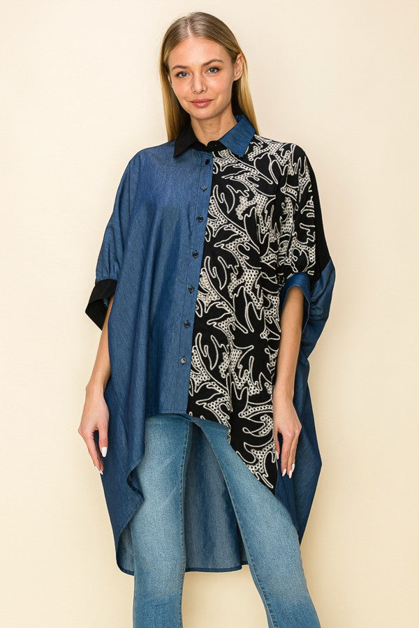 DENIM AND EMBROIDERY MULTI FABRIC BLOUSE