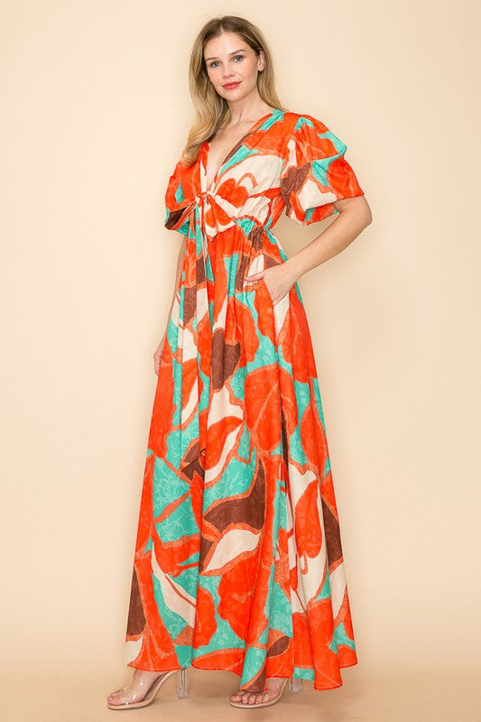 PRINTED V NECK MAXI DRES