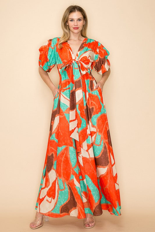 PRINTED V NECK MAXI DRES