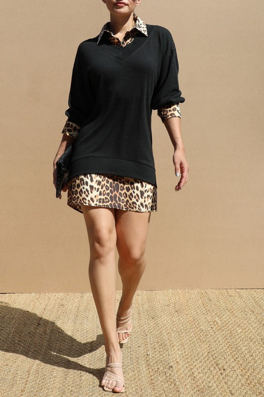 LEOPARD BUTTON DOWN KNIT SHIRT DRESS