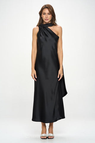 One Shoulder Satin Maxi Dress w Scarf