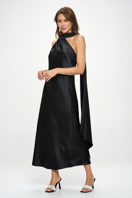 One Shoulder Satin Maxi Dress w Scarf