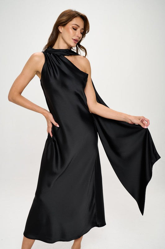 One Shoulder Satin Maxi Dress w Scarf