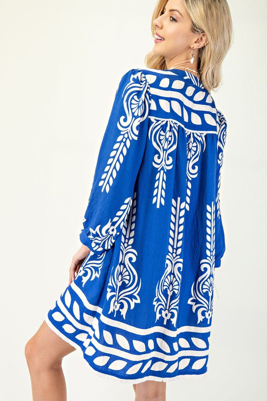 Printed 3/4 Sleeve Dress with Tassel Tie