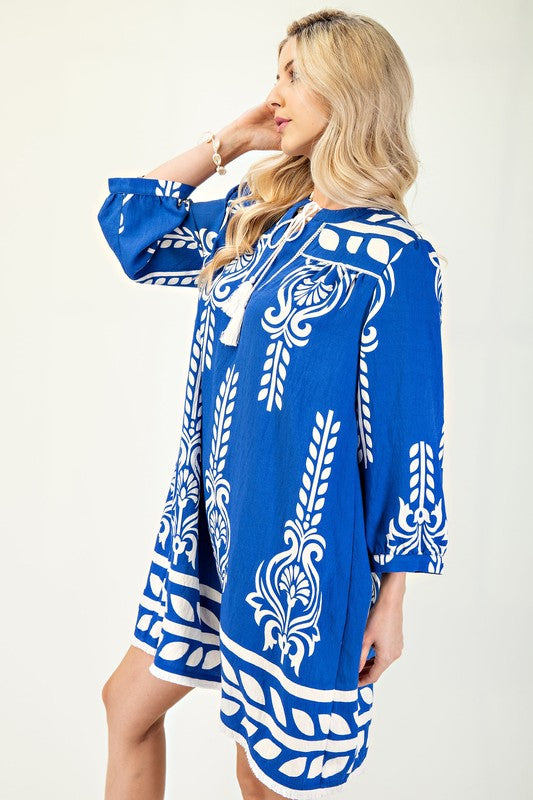 Printed 3/4 Sleeve Dress with Tassel Tie