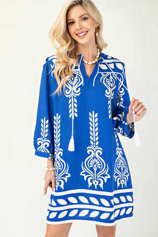 Printed 3/4 Sleeve Dress with Tassel Tie