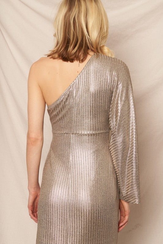 One Shoulder Metallic Maxi Dress