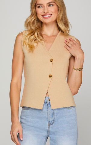 SLEEVELESS GOLD BUTTON KNIT SWEATER VEST