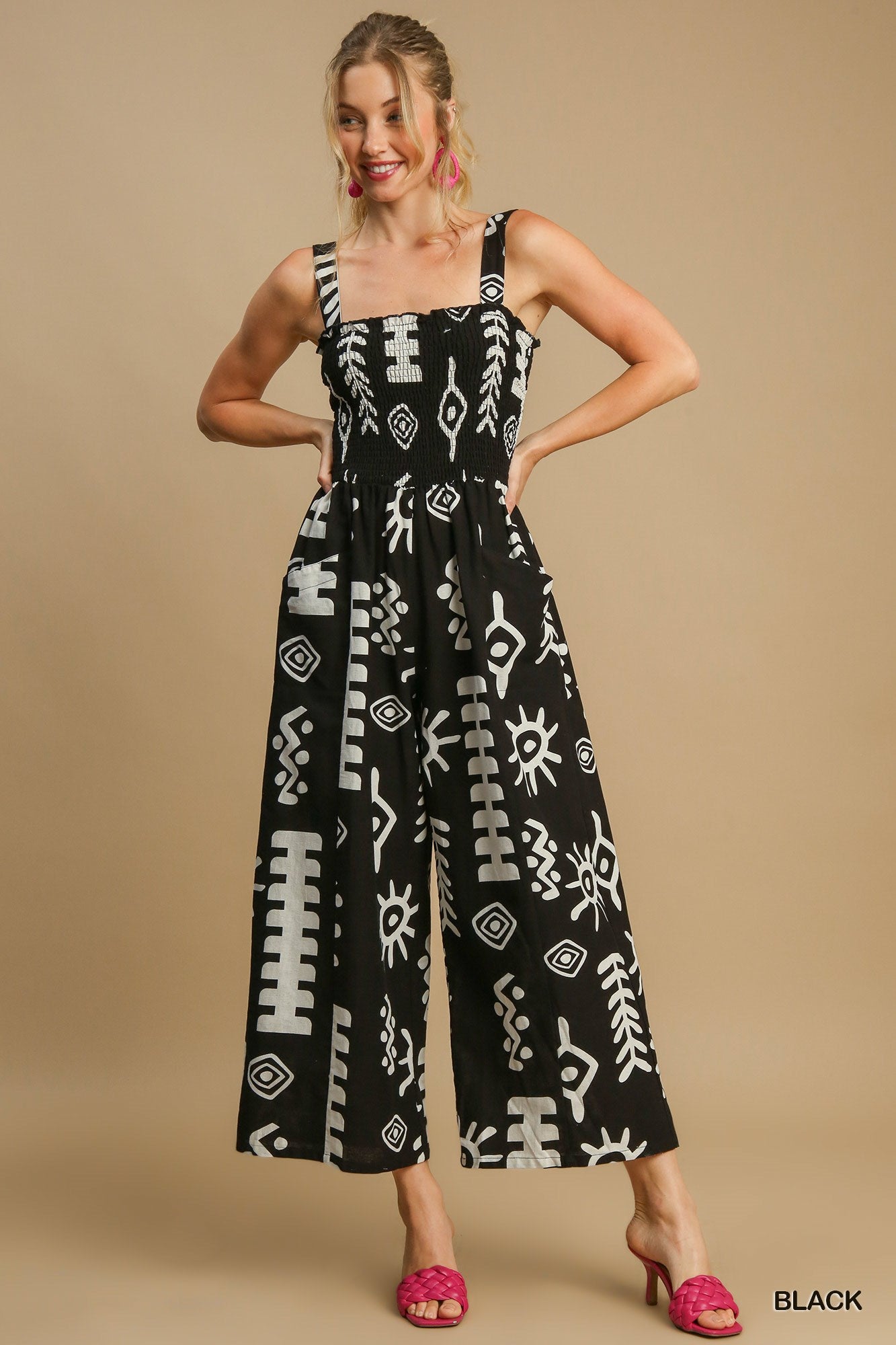 Abstract Print Smocked Jumpsuit