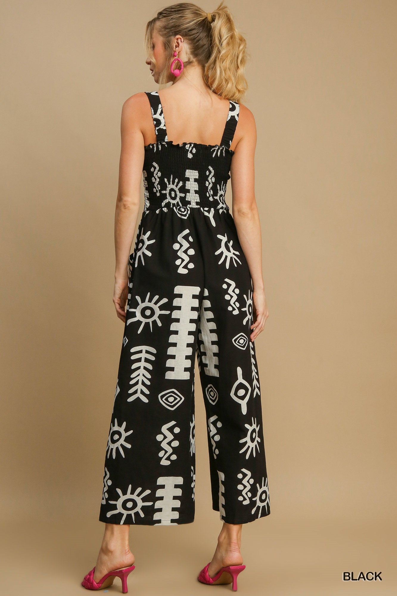 Abstract Print Smocked Jumpsuit