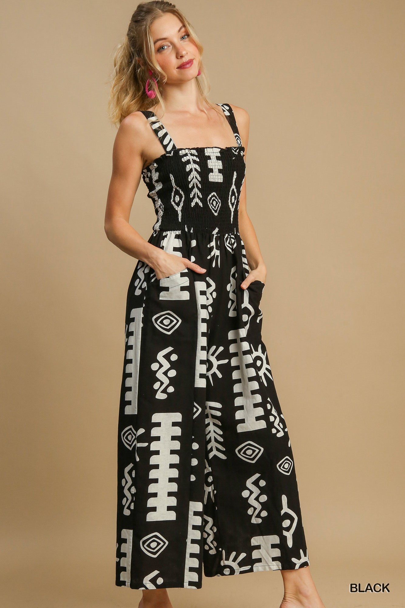 Abstract Print Smocked Jumpsuit