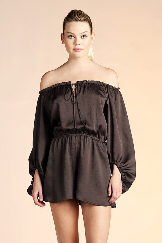 Hammered Satin Off Shoulder Balloon Sleeve Romper