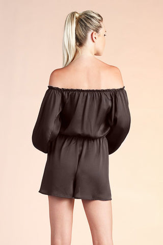 Hammered Satin Off Shoulder Balloon Sleeve Romper