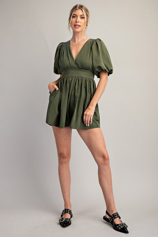 V-Neck Balloon Sleeve Waist Pleated Romper