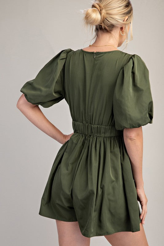 V-Neck Balloon Sleeve Waist Pleated Romper