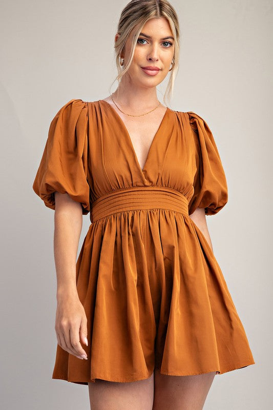 V-Neck Balloon Sleeve Waist Pleated Romper