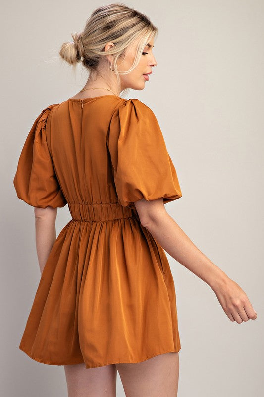 V-Neck Balloon Sleeve Waist Pleated Romper