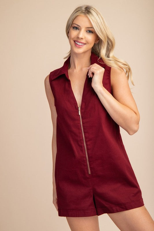 Collared V neck zip up sleeveless romper