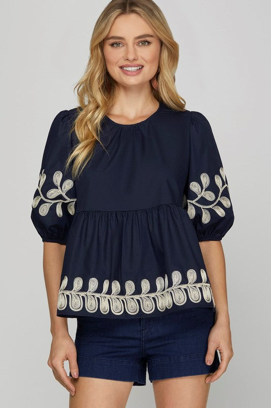 Half Sleeve Embroidered Poplin Woven Top