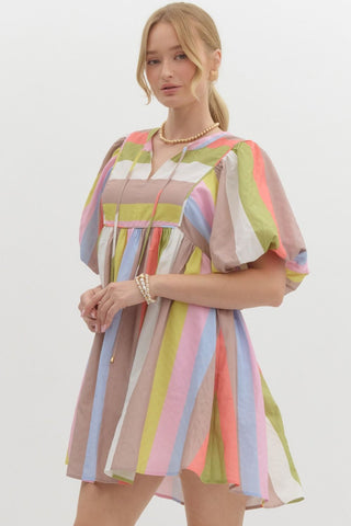 Multicolor striped bubble sleeve babydoll dress