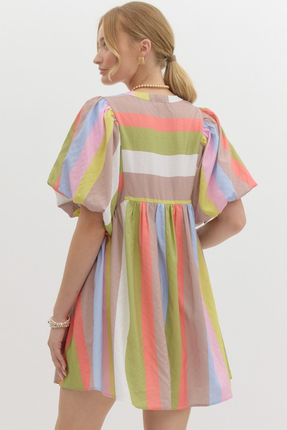 Multicolor striped bubble sleeve babydoll dress