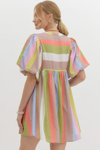 Multicolor striped bubble sleeve babydoll dress