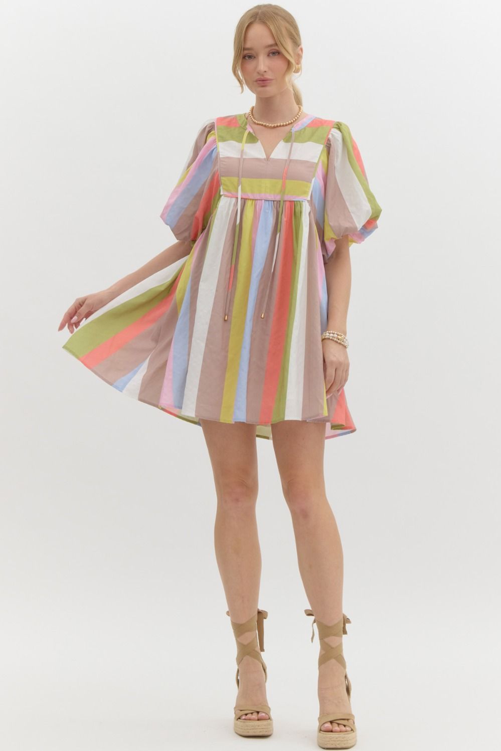 Multicolor striped bubble sleeve babydoll dress