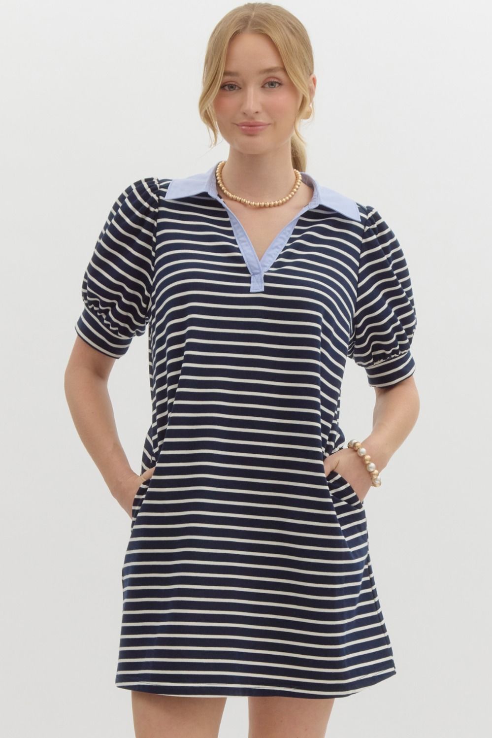 Stripe print v-neck puff sleeve collared mini dress