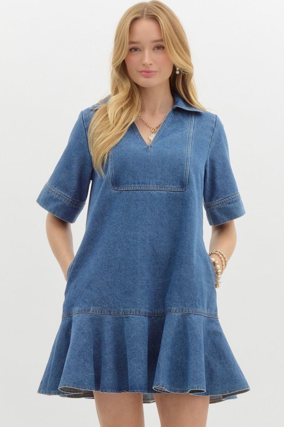 Denim short sleeve collared split v-neck pullover mini dress