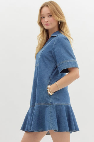 Denim short sleeve collared split v-neck pullover mini dress